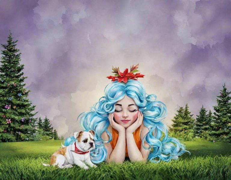 Mädchen mit blauen Haaren liegt im Gras neben einem kleinen Hund, umgeben von Bäumen.